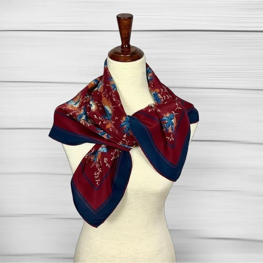 Gucci Silk Scarf Maroon Blue Bird Print Vintage Script Logo 33x33